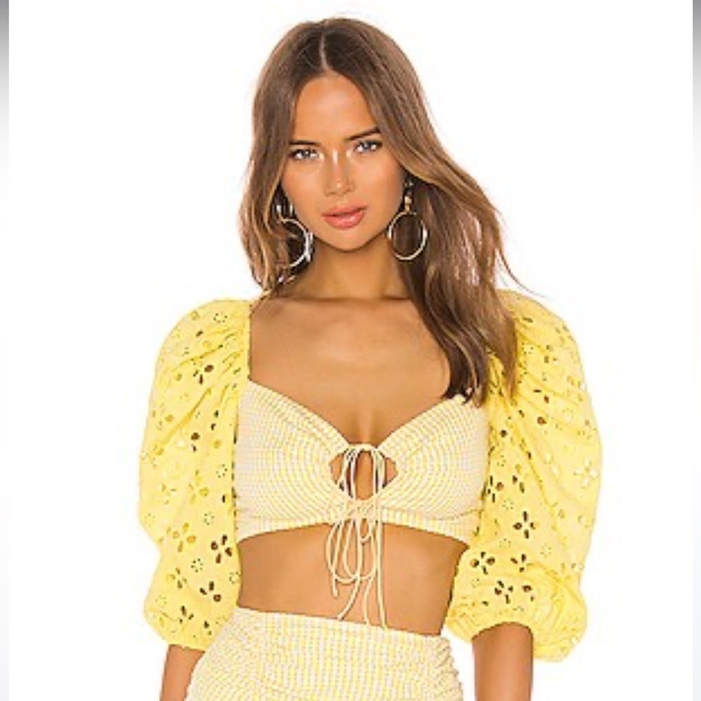 Revolve x For Love and Lemons Picnic Crop Top in Sunshine l, New with Tags